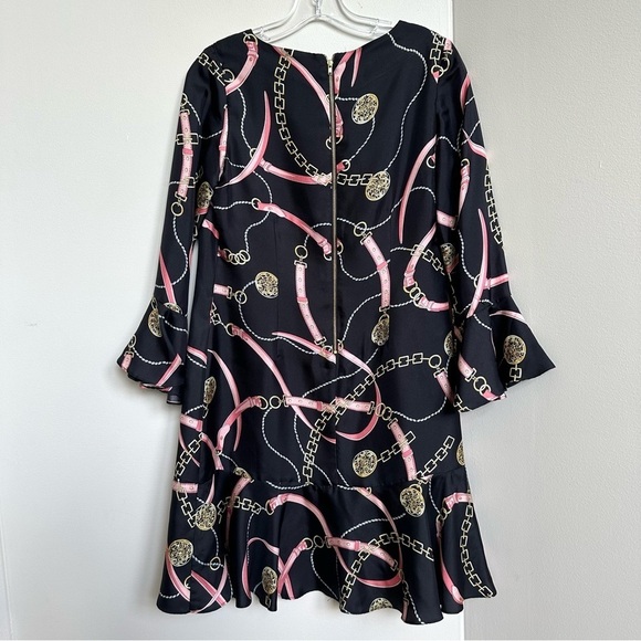 NWT Melly M 100% Silk Equestrian Print Ruffle Sleeve + Hem Mini Dress Black Pink - Picture 5 of 8